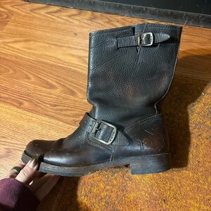 Frye Dark Brown Leather Buckle Boots